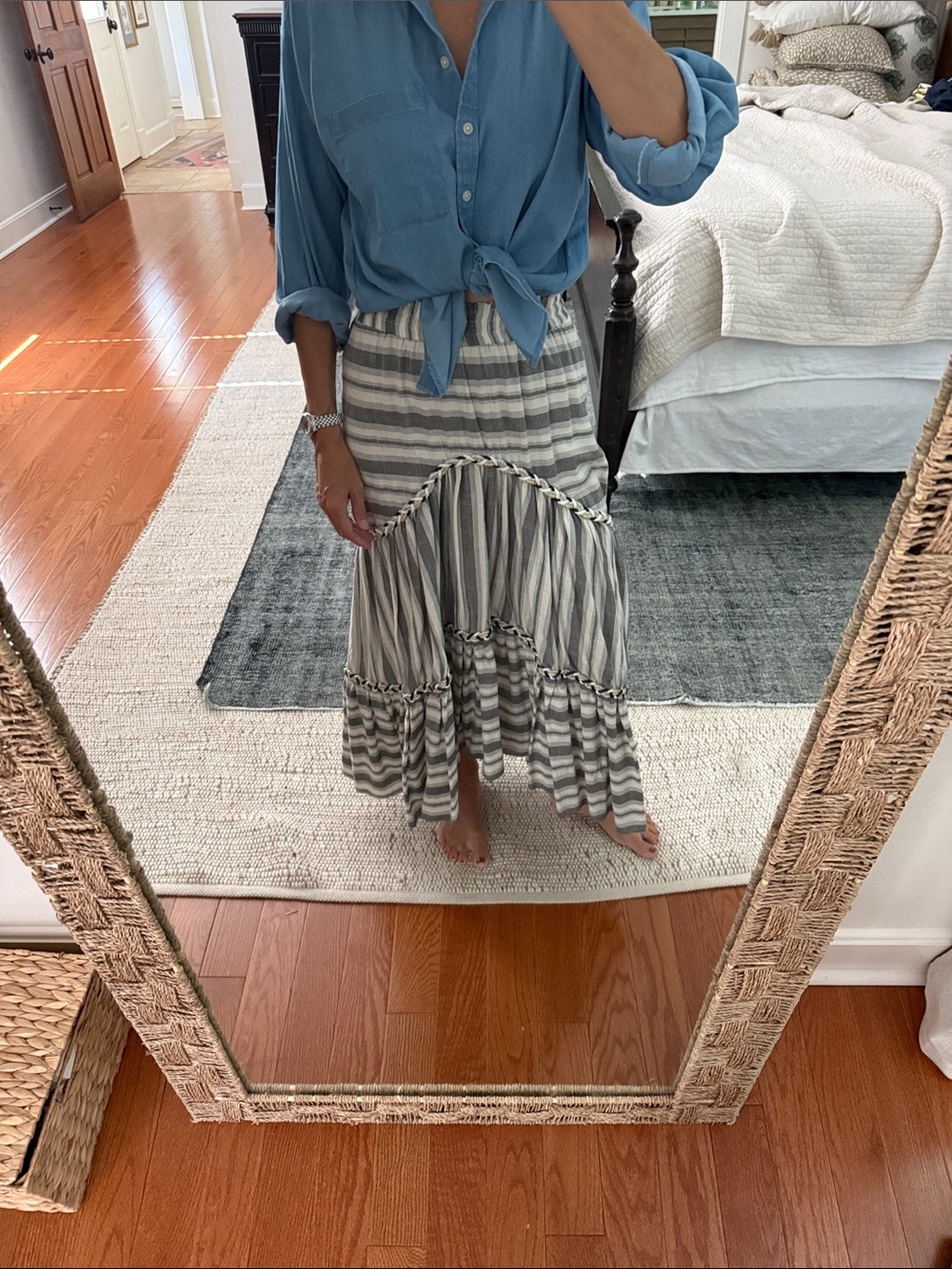Misa Los Angeles Striped Ruffle Tiered Maxi Skirt - Gray & White - Small